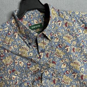 ORVIS Mens Active Fit Blue Floral Print Short Sleeve Button Down Shirt Size L‎